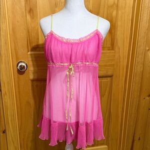Victoria's Secret Y2K Pink Baby Doll Sheer Slip Dress with Green Gingham Ribbon